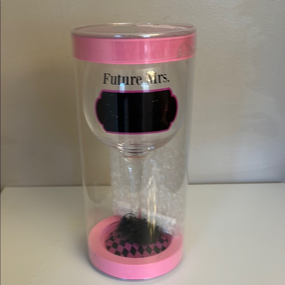 Future Mrs. Wine Glass in Pink packaging with chalk for brides name.